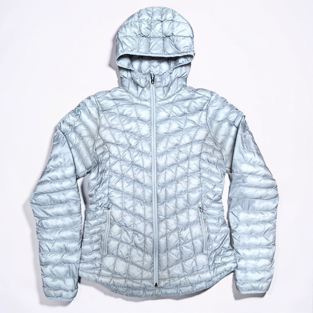 Marmot Puffer Jacket Womens S Silver 3M Thinsulate Hooded Full Zip Featherless